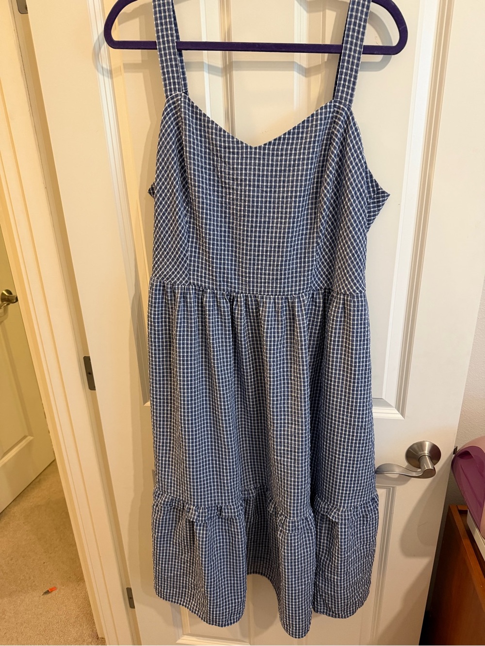 Draper James tiered midi tie back tank dress in blue and white.